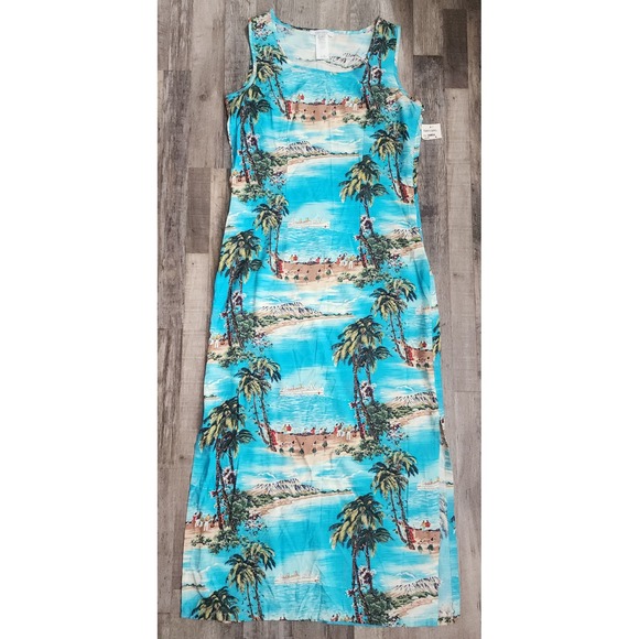 Karen Kane Dresses & Skirts - Karen Kane Maxi Dress Womens Medium Blue Tropical Hawaiian Beach Scene Rayon